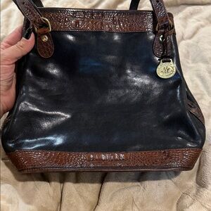 Black Leather Satchel with Brown Croc Trim and Medallion Charm Brahmin